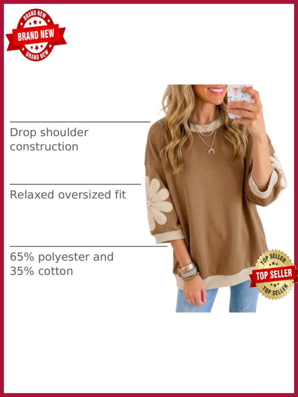 Womens 3/4 Sleeve Floral Patch Sweatshirt Oversized Pullover Top - Picture 3 of 6